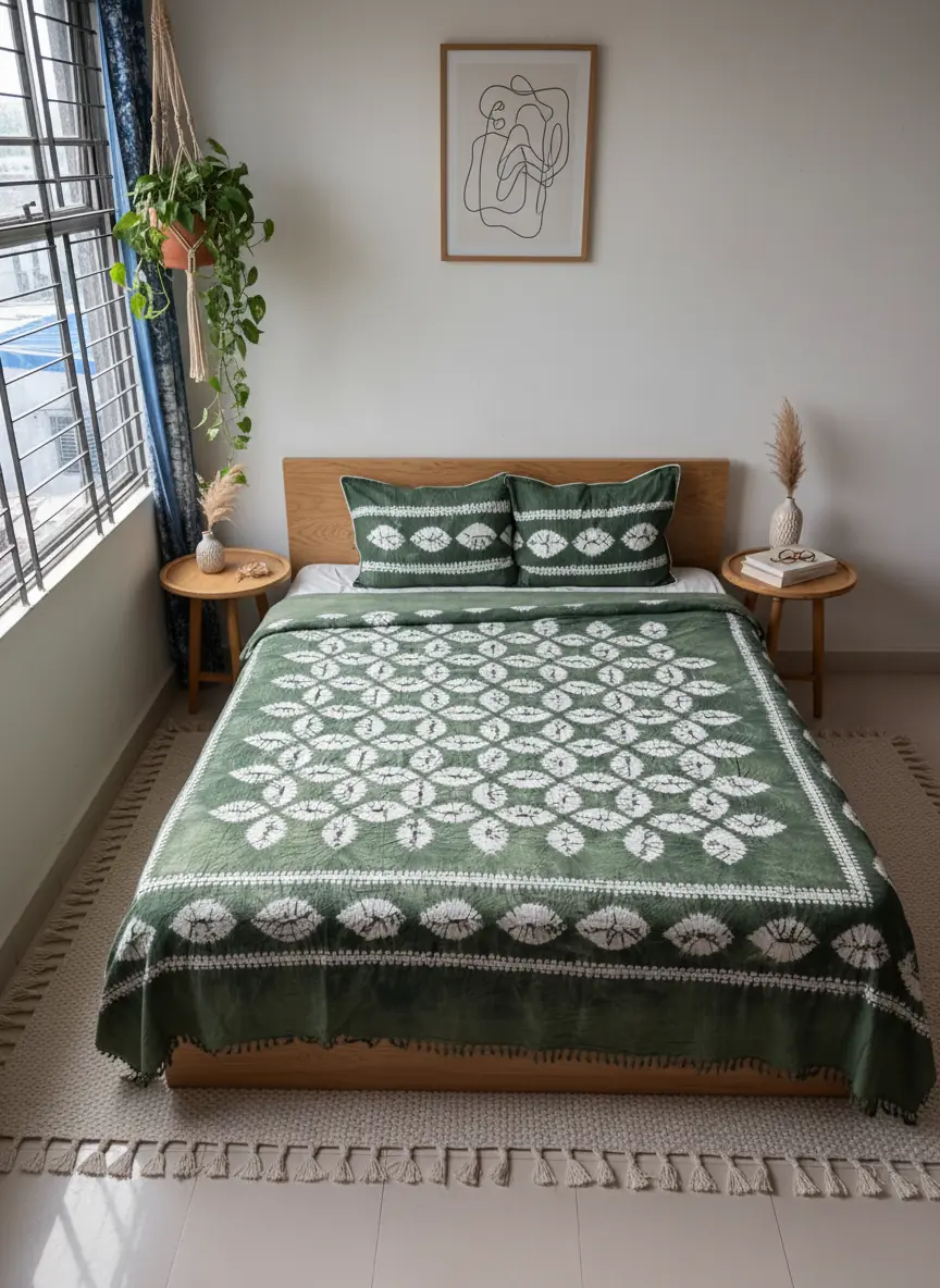 Leaf-green medallion bedcover
