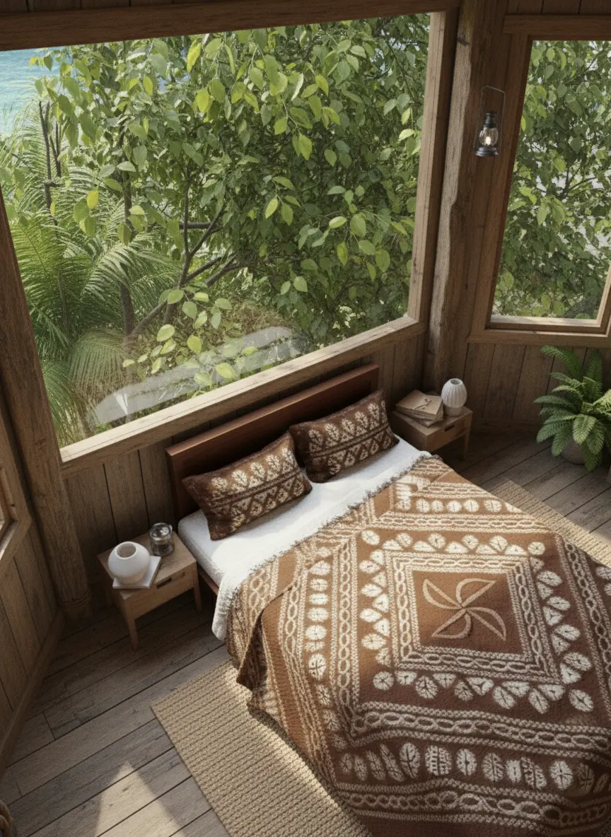 Cutch-brown medallion quilt in a timber room