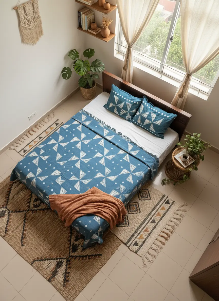 Washed-indigo arrow fold bedcover, seen from above