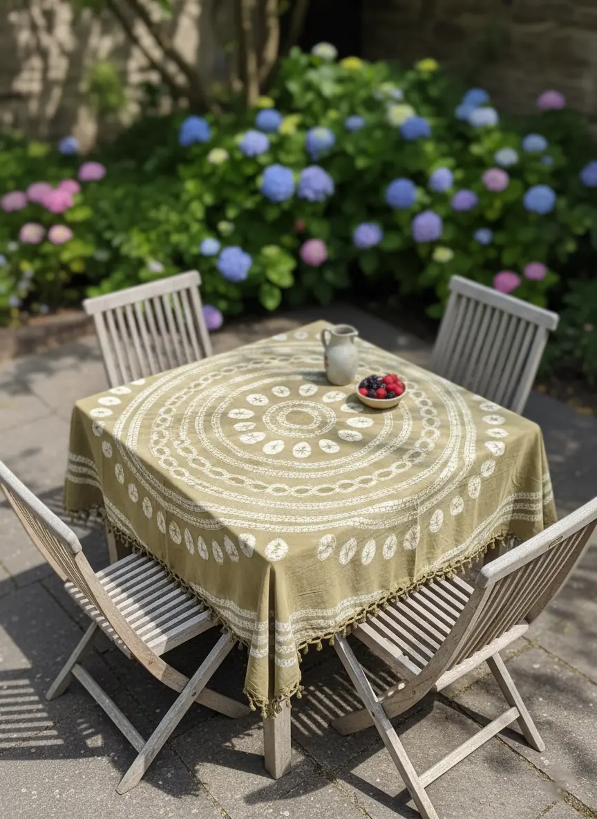 Olive mandala tablecloth on a garden table