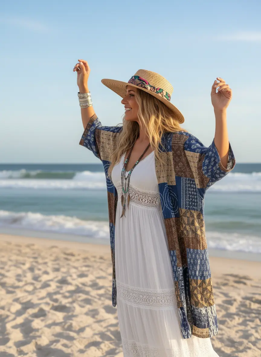 Patchwork kantha kimono worn on a beach