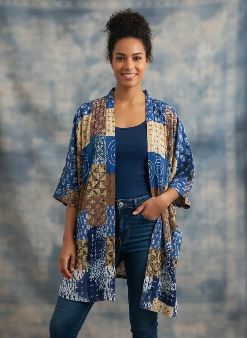 Patchwork kimono jacket worn over denim